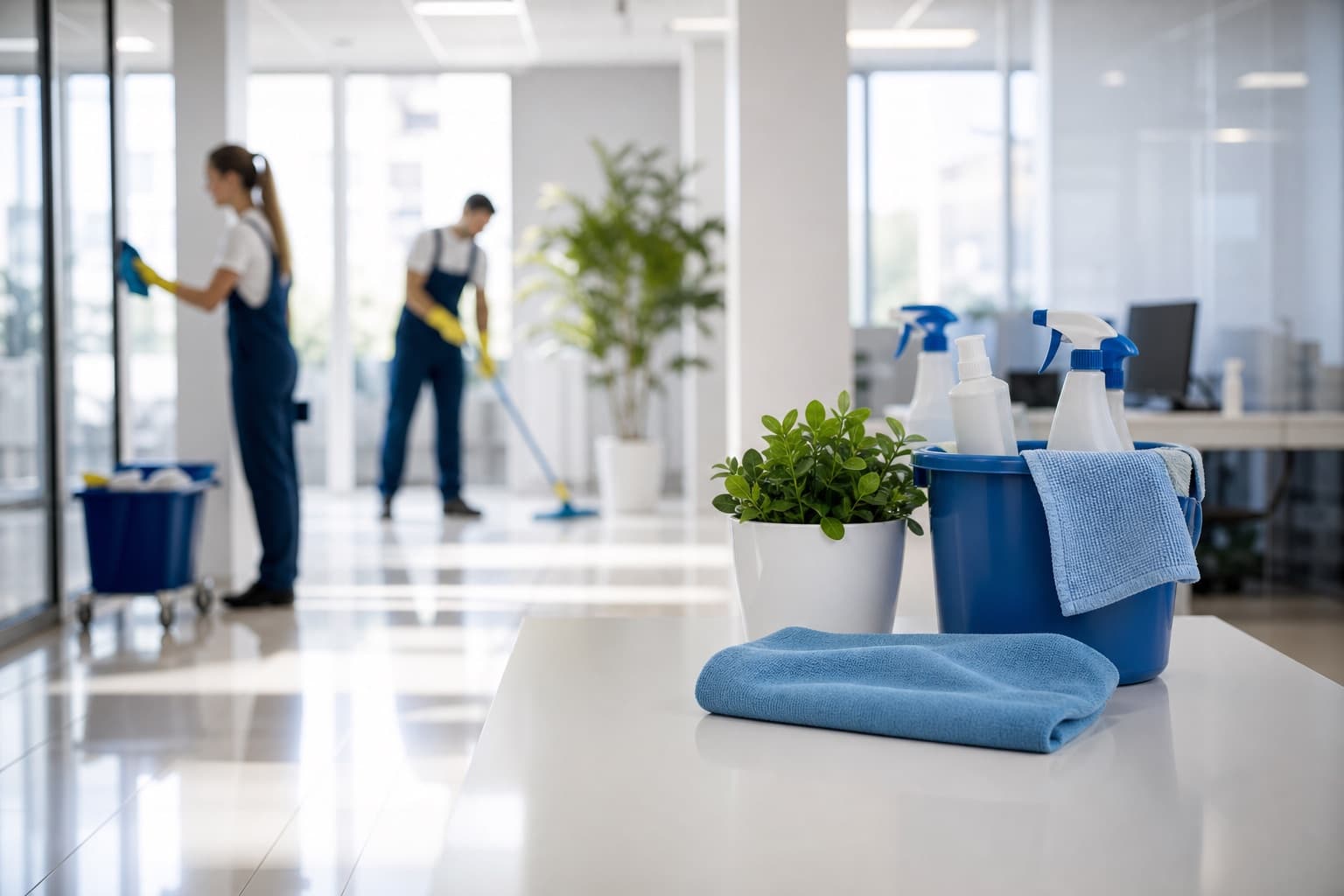 Reinigungsteam von Ilazi Reinigung bei der Arbeit in einem hellen Büro