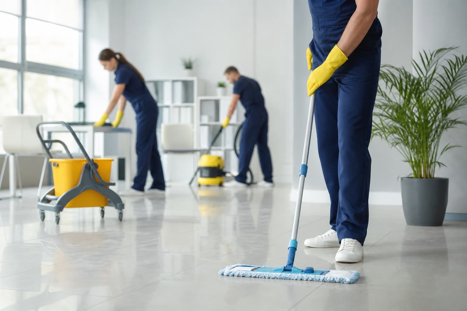 Reinigungsteam in Arbeitskleidung wischt und reinigt einen Büroraum